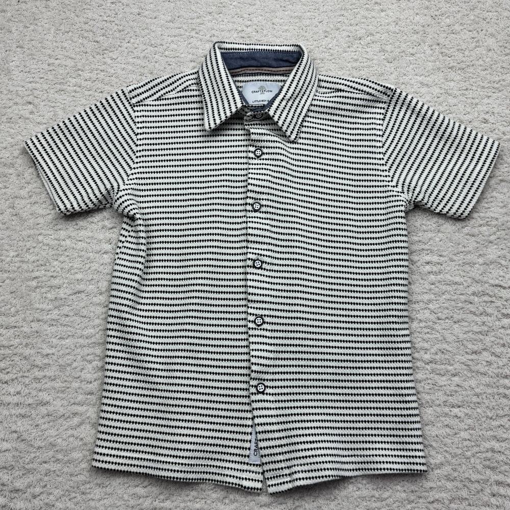 Craft + Flow Boy’s Size 5 Medium White Black Striped Short Sleeve‎ Button Front